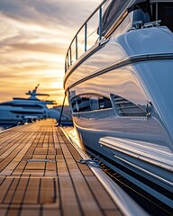 Luxury yachts and motor boats moored in a marina. A close-up of a stylish yacht docked at a White Oak Riviera marina, with the polished oak deck and sleek white exterior gleaming in the sunlight.  