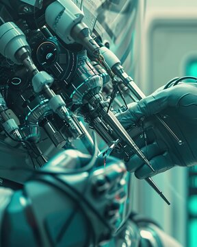 A close-up of a surgeon's hands skillfully manipulating robotic surgical instruments, highlighting advancements in medical technology. The image employs a futuristic color palette, cyberpunk, science 