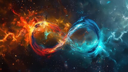 Infinity symbol in space. Fire and water eternal connection concept. AI Generated