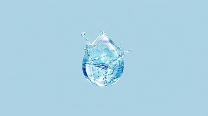 Crystal clear water droplet with ripples on blue background.
