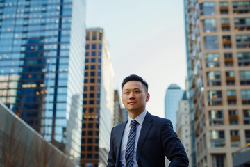 Fototapeta na wymiar Young Asian Businessman in Suit Standing Before Urban Skyline: Corporate Success Concept