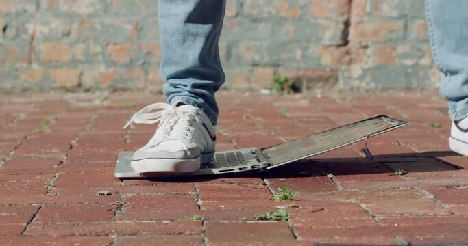 Break, laptop and person angry with technology from phishing, scam or shoes smash computer. Frustrated, rage and feet jump and kick pc on floor for mistake and damage hardware after glitch or fail