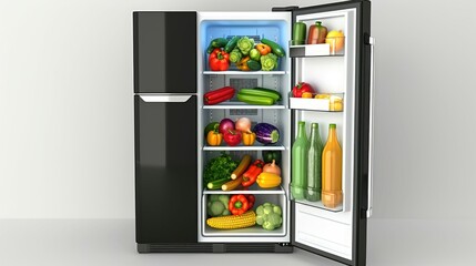 Open fridge stocked with fresh vegetables and beverages.
