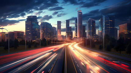 Fototapeta na wymiar Big city skyline and traffic lights blur motion, skyscrapers and highway light tracks during rush hour