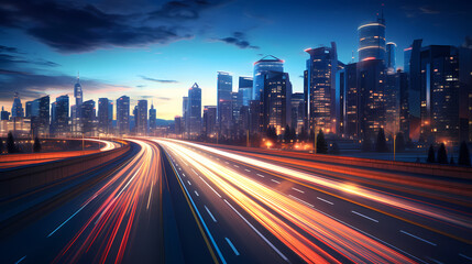 Fototapeta premium Big city skyline and traffic lights blur motion, skyscrapers and highway light tracks during rush hour