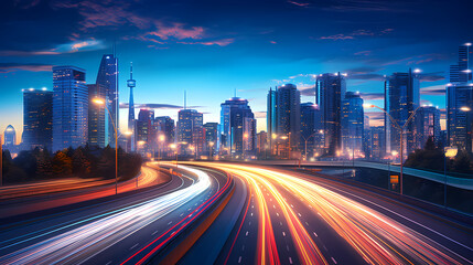 Fototapeta na wymiar Big city skyline and traffic lights blur motion, skyscrapers and highway light tracks during rush hour