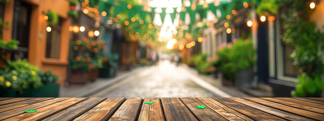 Wooden empty tabletop on blurred city street background with green holiday garlands and St. Patrick's Day flags