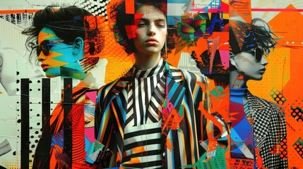 Artistic fashion collage with overlapping profiles and vibrant graphics.