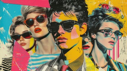 Colorful montage of fashion-forward individuals with pop art influence.