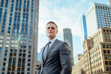 Fototapeta na wymiar Young Businessman in Suit Standing Before Urban Skyline: Corporate Success Concept