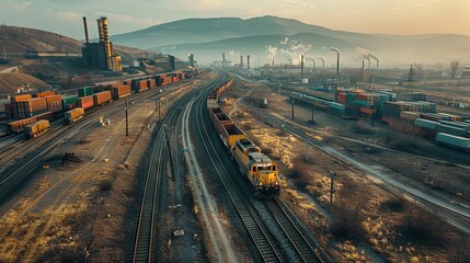 Fototapeta premium Cargo train with colorful containers travels along tracks surrounded by vibrant autumn foliage in the countryside.