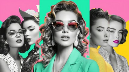 Stylized women with vintage hairstyles against vibrant backdrop.