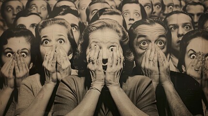 Vintage crowd with shocked expressions covering mouths. - obrazy, fototapety, plakaty