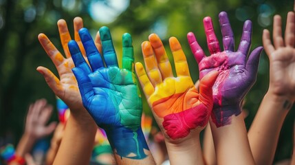 Colorful painted hands raised in celebration.
