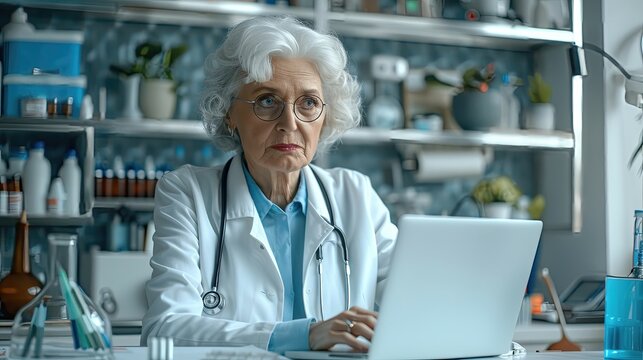 Senior female doctor working on a laptop in a lab.