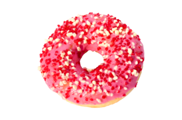 Donut with colorful sprinkles  multi-colored glaze chocolate isolated on white background Sweet colored donut pink glaze red white sprinkles Dessert Top view Close up