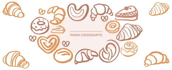 Isoplated vector set of croissants. Menu template. Bakery. Hand drawn template with pastries sketch. Fresh bakery. Shop. Pastry.