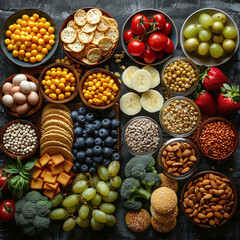 top view on bowls with fruits and vegetables and other food