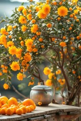 yellow flowers, tangerines, oranges, kumquat. Traditional Tet. Vietnamese New Year.