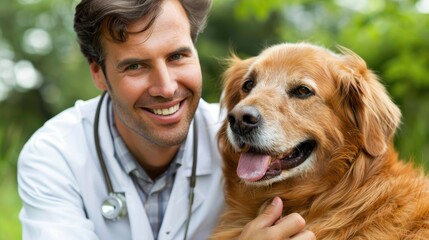 Male veterinarian smiling with a golden retriever outdoors.