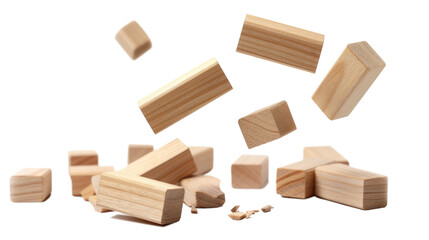 wooden cubes falling down on transparent background
