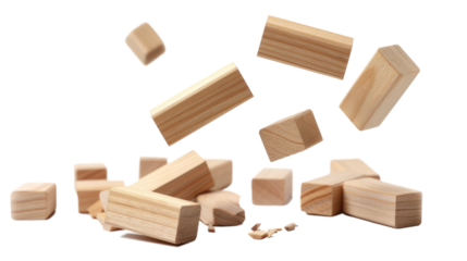 wooden cubes falling down on transparent background