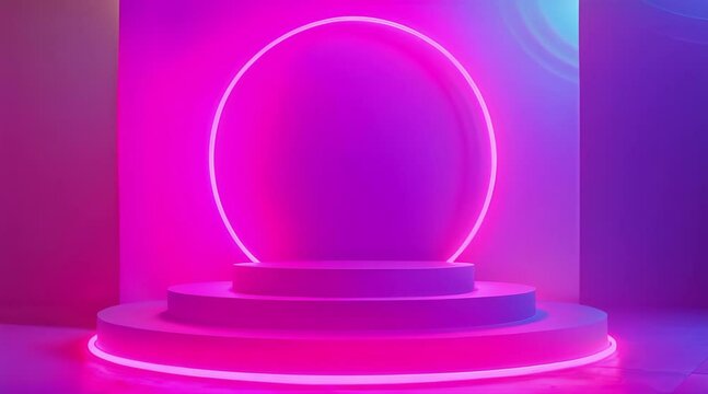 Podium with neon circle. Futuristic exhibition with platform for displaying products.