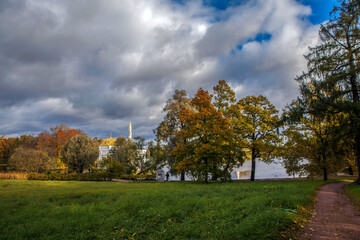Large pond and Turkish Bath pavilion. Catherine Park. Tsarskoye Selo. Pushkin. Saint Petersburg....