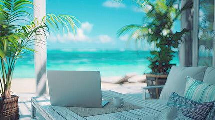 Laptop on a serene tropical beach house deck.