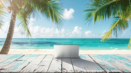 Laptop on a rustic table against a tropical beach backdrop.