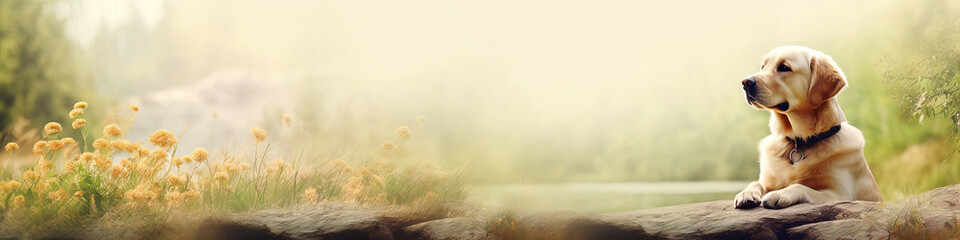 A beautiful hunting dog sits by the lake at dawn. Banner, panorama. Website header. Copy-space.