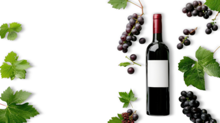 red wine bottle and bunches of grapes isolated on transparent background