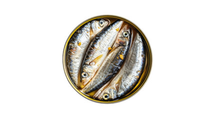 Open can of sardines in oil isolated on transparent background