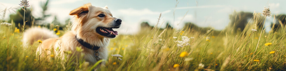 A happy beautiful dog with an open mouth runs through a summer meadow. Banner, panorama. Website header. Copy-space.