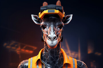 Portrait of anthropomorphic giraffe character with virtual reality goggles and a reflective safety vest on dark backdrop. Fantasy animals concpet