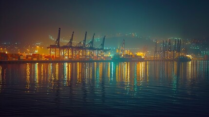 Fototapeta premium View of a bustling cargo port with container ships and cranes, reflecting lights on water.