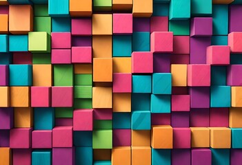 A stack of colorful wood blocks arranged on a wall, forming a vibrant and abstract background