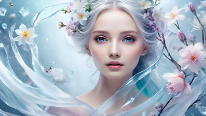 Beautiful blonde woman with flowers, water and ice around her head on light blue background. Spring, beauty and renovation concept.Art collage style.Generative AI.