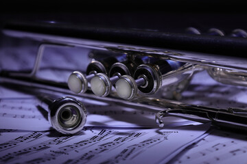 A view of the musical instrument which is the trumpet against the background of the sheet music