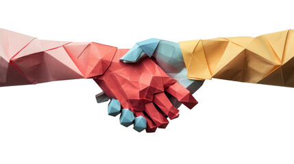 Origami style. Businessman handshake, Business partnership, together, volunteering and helping concept. On transparent background