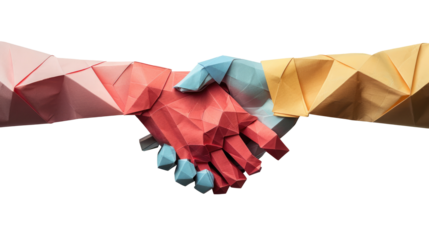 Origami style. Businessman handshake, Business partnership, together, volunteering and helping concept. On transparent background
