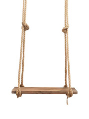 empty wooden shelf hanging on rope on transparent