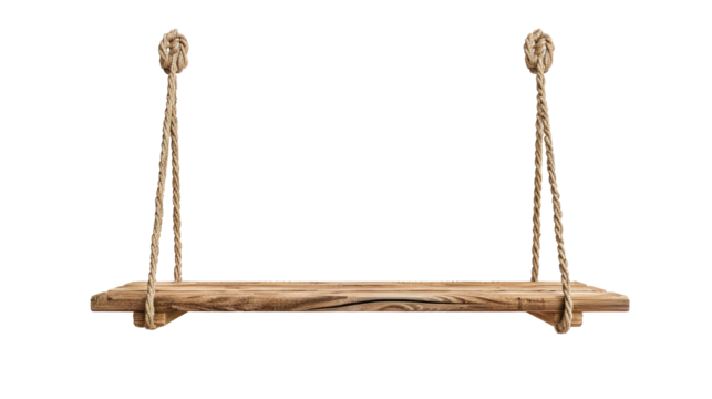 empty wooden shelf hanging on rope on transparent