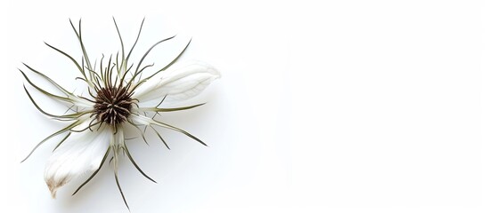 A close-up view of a dry Nigella flower set against a crisp white background. The intricate details of the flower are highlighted, showcasing a delicate and elegant beauty.