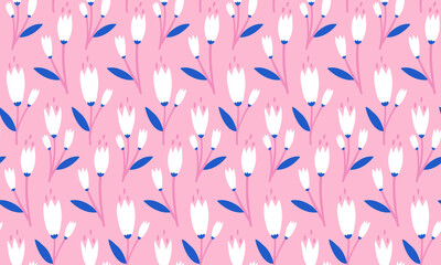 Simple pink floral pattern, white tulips background, repeated plants pink texture. Vector minimal decorative textile print