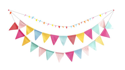 Carnival garland with flags. Decorative colorful party pennants for birthday celebration, festival and fair decoration. Holiday background with hanging flags on transparent