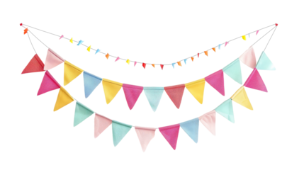 Carnival garland with flags. Decorative colorful party pennants for birthday celebration, festival and fair decoration. Holiday background with hanging flags on transparent