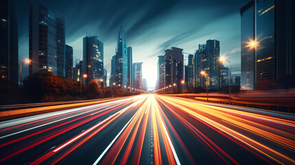 Obraz premium Abstract long exposure dynamic speed light trails in urban environment