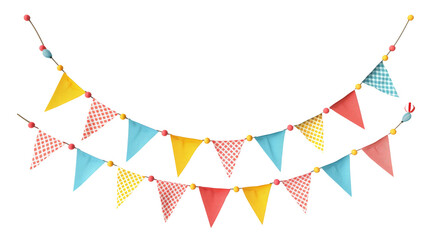 Obraz premium Carnival garland with flags. Decorative colorful party pennants for birthday celebration, festival and fair decoration. Holiday background with hanging flags on transparent