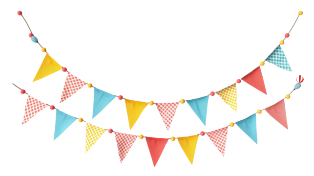 Carnival garland with flags. Decorative colorful party pennants for birthday celebration, festival and fair decoration. Holiday background with hanging flags on transparent